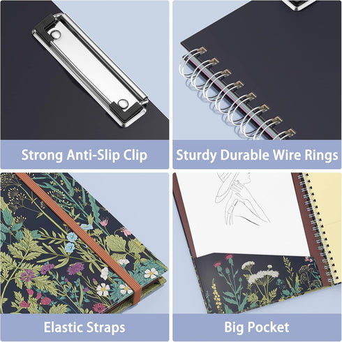 Rimilak Spiral Clipboard Folio, Refillable Lined Notepad, 14.5 x 9.8 Inch, Hardcover Clipboards with 5 Pockets, Daisy