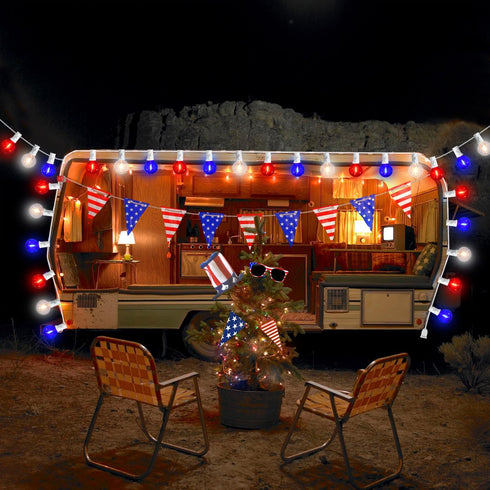 G40 27.8 4th 25+3 Bulbs, LED Red White and Blue Lights, FT of July Lights Plug in with Patriotic Decorations Outdoor