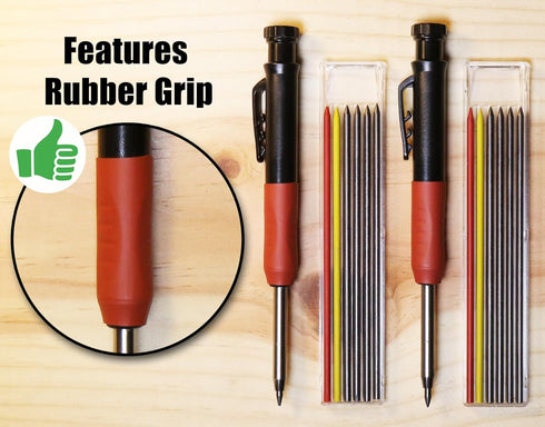 RUBBER GRIP TWO PACK Carpenter Pencil Set, with 14 Refills, Built-In Sharpener, Long Nose, Deep Hole Mechanical Woodworker Pencil (Black) by MagnetaClip