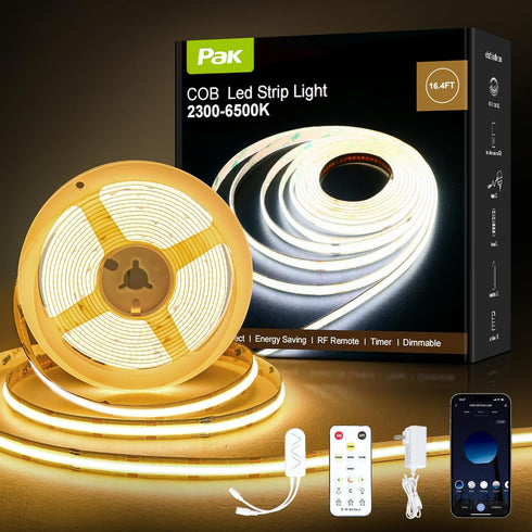 Pak COB LED Strip Lights 16.4ft, Dimmable White CCT Tunable 2300K-6500K, DC 24V
