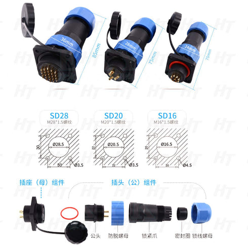 HangTon HE29 4 Pin Connector Industrial Waterproof IP68 Circular Plastic Male Female Wire Plug Panel Socket, High Power