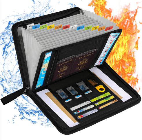 Fireproof Accordion File Organizer, Fun Storage 13 Pockets Expanding File Folders with Zipper/Handle, 3-Layer
