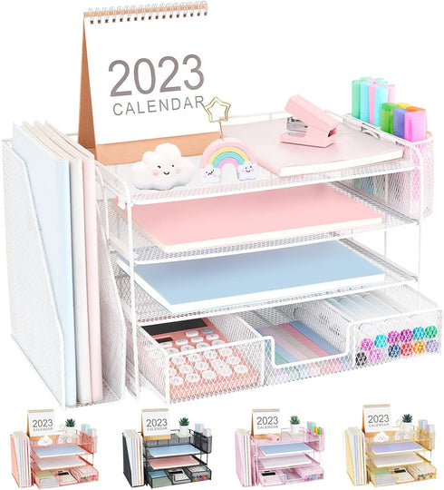 Desk Organizers and Accessories, 4 Tier Tray Letter Paper Organizer with Vertical File Holder for Office Supplies, White