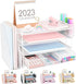 Desk Organizers and Accessories, 4 Tier Tray Letter Paper Organizer with Vertical File Holder for Office Supplies, White