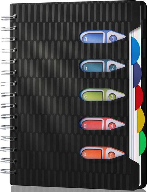 CAGIE 5 Subject Notebook with Dividers, 240 Pages A5, 5x7 College Ruled, Hardcover Spiral Notebooks, Black