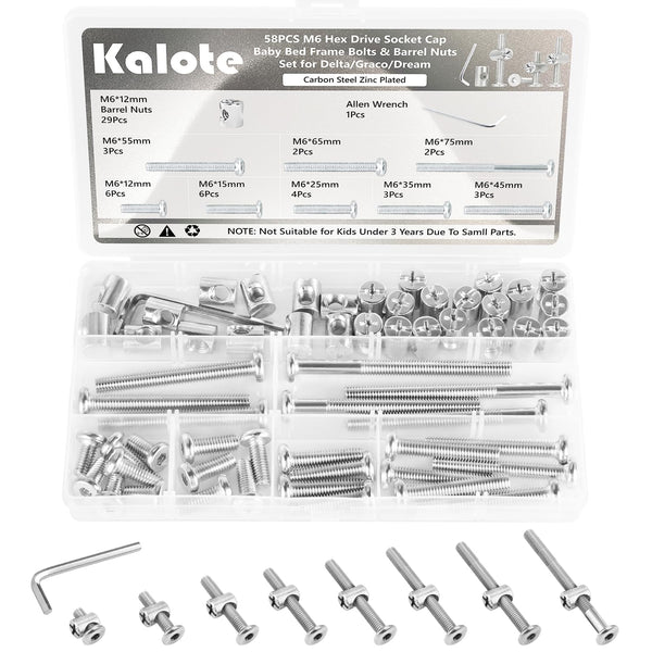 Kalote 58PCS Crib Screws Hardware Replacement Kit, Baby Bed Frame Bolts & Barrel