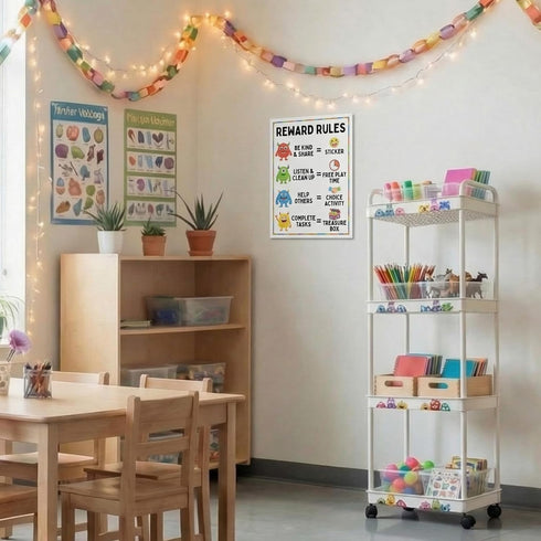 4 Tier Classroom Rolling Cart Storage Utility Cart with Handle Hook, Monster Value Cards and Adhesive Dots Movable