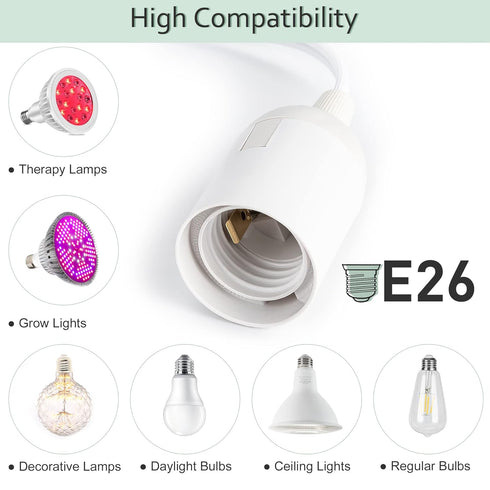 2-Pack 12Ft 360W E26 E27 2-Prong Closet, JACKYLED Extension Hanging Lantern Cord Cable UL with Socket Gear Switch +
