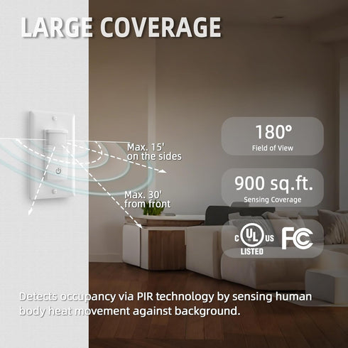 ECOELER Motion Sensor Light Switch, No Neutral Wire, PIR Infrared Motion Activated Wall Switch with Sensitivity