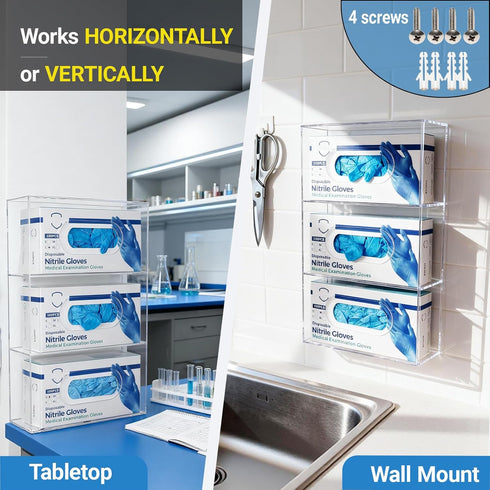 3 -10 3.5 16.4 Triple Glove Box Holder Wall Mount, Compartments Clear Acrylic Rubber Nitrile Gloves Dispenser for Lab