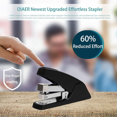 Stapler for Desk, Effortless Desktop Stapler, 40-50 Sheet One Finger Touch Stapler, Ergonomic Heavy Duty Office Stapler, Built-in Staple Remover, 80% Easier Stapling, No Effort, Jam Resistant by Oiaer