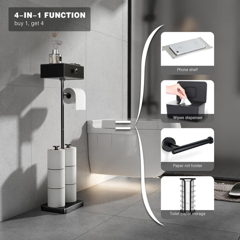 7 VOLDRA Toilet Paper Holder Stand with Shelf, Free Standing Black Toilet Paper Roll Holder with Wipes Storage Drawer