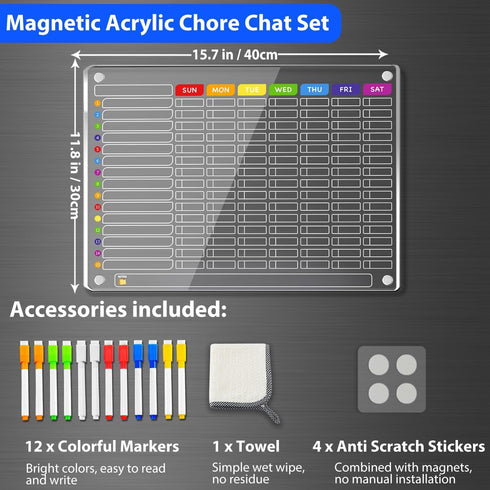 PigPotParty Magnetic Chore Chart for Kids, Family Chore Board 16"x 12" Acrylic for Teens Adults with 12 Markers