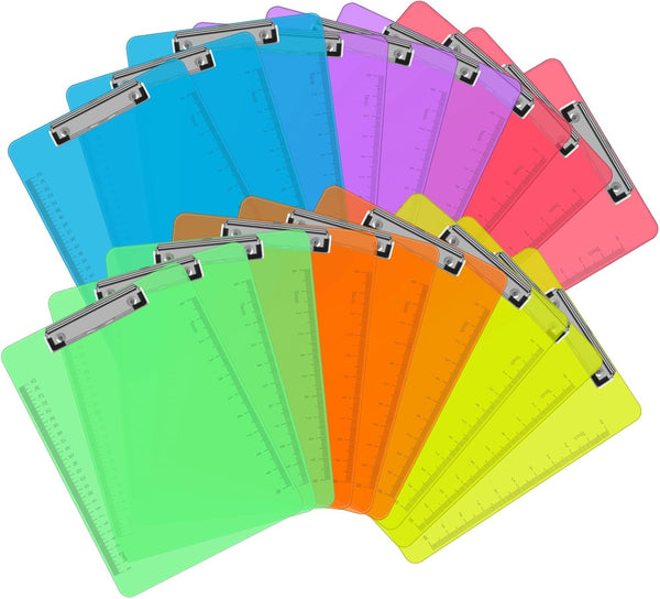 PANDRI 18 Pack Clear Colored Clipboards, Low Profile Clip Board 12.5 x 9 Inch Standard Letter Size for Office Supplies