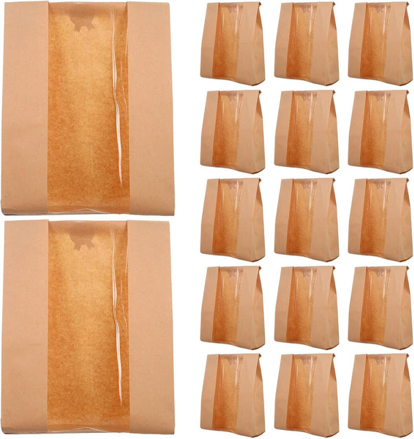Uonlytech 50pcs Kraft Paper Bread Bags with Window Food Grade Loaf Bread