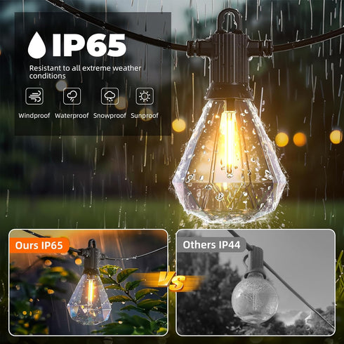 48 24 Bulbs 2700K Dimmable IP65 Kawaya Outdoor String Lights FT LED Patio Lights with Shatterproof Unique Diamond