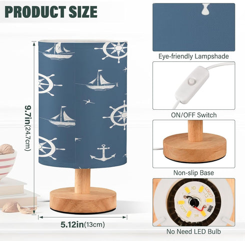 SUABO Bedside Table Lamp, Blue Nautical Pattern Nightstand Lamp Small LED Lamp Wood Base Round Flaxen Fabric Shade