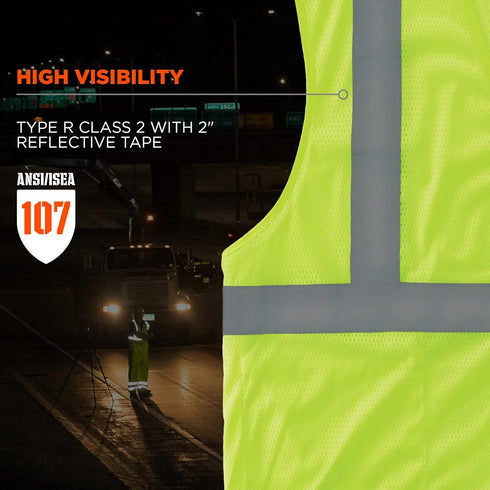 Reflective Safety Vest, High Visibility Mesh, Interior and Exterior Pocket, Class 2, Type R, Single Sizing