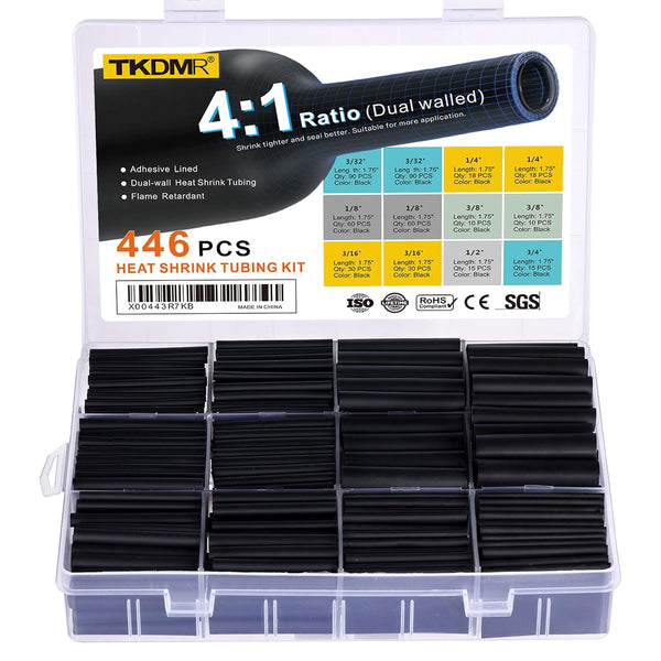 TKDMR 446 Pcs Heat Shrink Tubing Kit - 4:1 Ratio Adhesive Lined Marine Grade Black Shrink Wrap