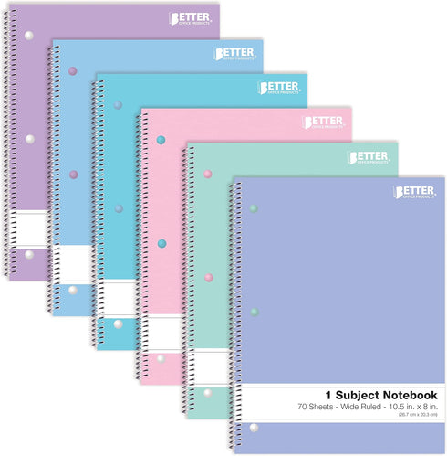 Better Office Products Spiral Notebooks, 6 Pack, 1 Subject, 70 Sheets, 10.5" x 8", 6 Assorted Pastel Colors