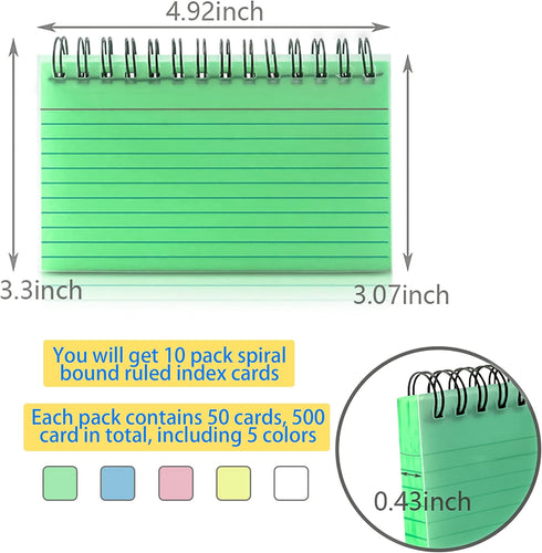 500 3x5 Inch 3 5 MotBach Colorful Pcs Spiral Index Cards Flash Cards with Ring Lined Note Card Book Flashcards, Colored