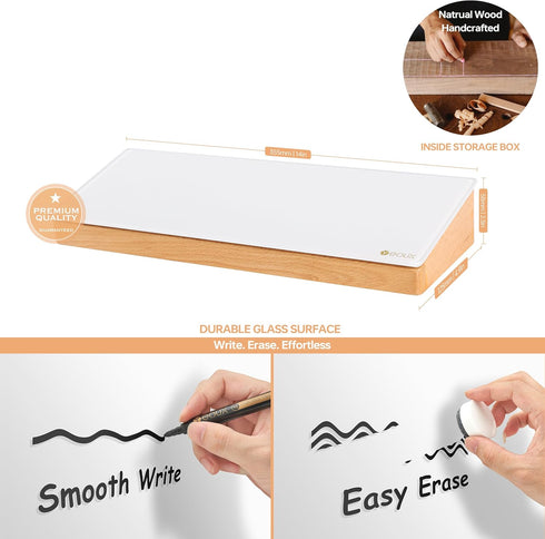 Yeoux Glass Desktop Whiteboard with Wood Organizer for Small Office Accessories, Aesthetic Dry Erase Board with Drawer