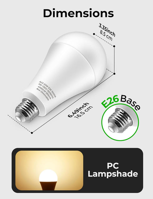 300 Watt Equivalent Light Bulb, 33W Super Bright Garage Light Bulb, A23 LED E26 Warm White 3000K Bulb for Warehouse, Backyard, Non-Dimmable, 2-Pack by UNILAMP