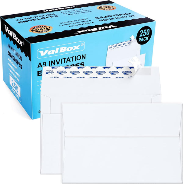 ValBox A9 Self Seal Invitation Envelopes, 250 Qty 5-3/4 x 8-3/4" White for Wedding, Baby Shower, Announcements