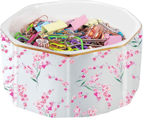 Ceramic Paper Clip Holder with Gold Line, Cute Floral Pattern Desk Organizer for Office Binder Clip Holder