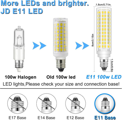 E11 LED Bulb Dimmable, JDE11 120V, 100W Halogen Equivalent, 10W 1000 Lumen, E11 Bulbs, Pack of 2
