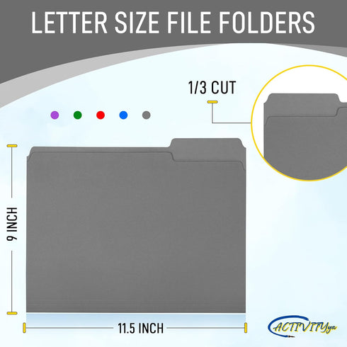 Grey File Folders - 1/3-Cut Tabs, Letter Size, 12-Pack - Durable Office Filing Folders