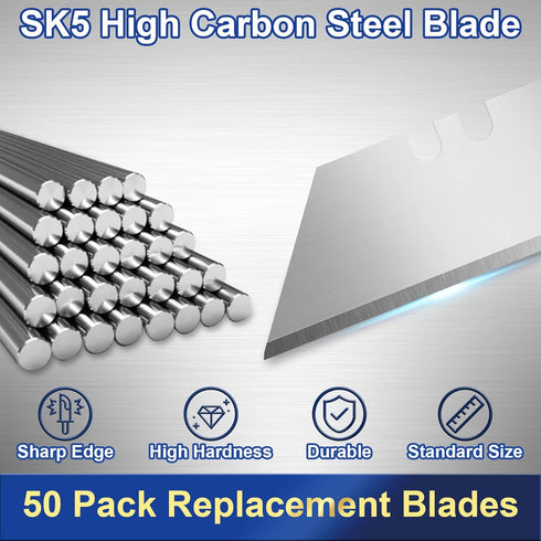 JETMORE 50 Pack Utility Knife Blades, SK5 High Carbon Steel Standard Size Blades for Box Cutter