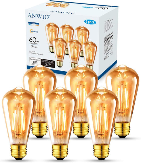 ANWIO Vintage Edison ST21 LED Filament Bulb, 7W (60W Equivalent), Dimmable 2500K Warm White, E26 Base, 6 Pack