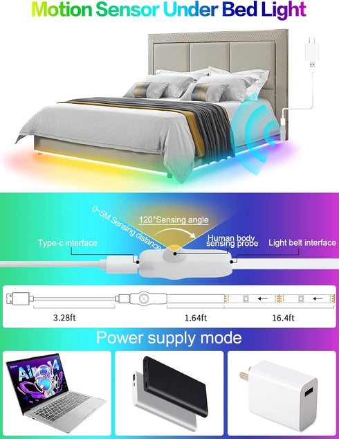 16.4FT 5V KANTUTOE Motion Activated LED Light Strip, Motion Sensor LED Light Indoor with APP Control, Under Bed Lights