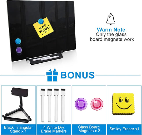 Black Magnetic Glass Board Desktop Easel, 16x12" Black Dry Erase Board for Desk, Tabletop Glass Whiteboard on