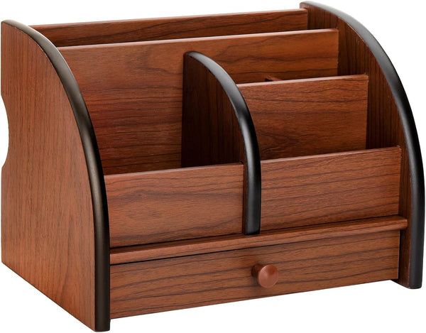 Foraineam Wooden Desk Organizer with Drawer - Remote Control Holder Caddy and Makeup Organizers for Home Office Storage