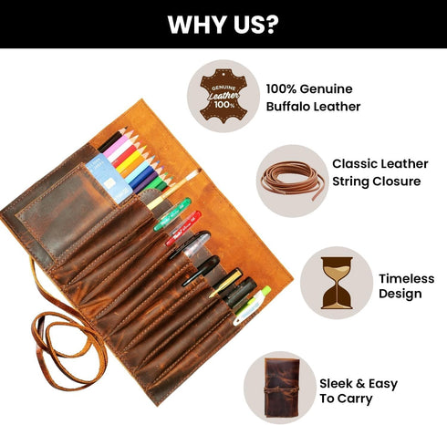 Jaald Genuine Leather Pencil Roll Brush Case - Vintage Pen Holder Organizer for Students, Artists, and Writers