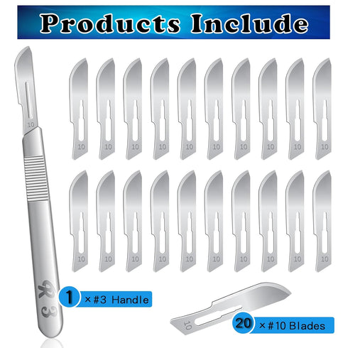 20 Pieces Scalpel Blades #10 with #3 Handles & Storage Box, Sterile High Carbon Steel for Crafts & Cutting