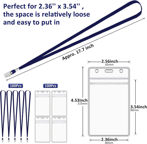 Marspark 200 Pcs Name Tag Lanyards with ID Holder, Resealable Flat Neck Lanyards, Waterproof Plastic Clear Name Badges