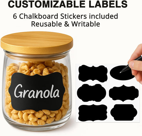 JINUYYNA 6 Pack 5 oz Natural Bamboo Oui Yogurt Jar Lids with Silicone Sealing Rings and Label for Glass Jars, Reusable