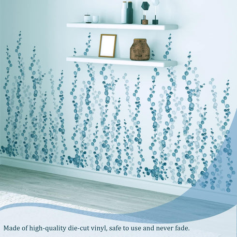 Blue Hanging String of Pearls Succulents Vine Wall Decals Peel and Stick, Large Plants Leaf Vinyl Wall Stickers