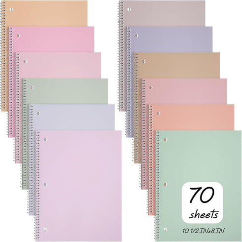 Teling 1 Subject Spiral Notebook, College Ruled 8 x 10 1/2 Inch with 70 Sheets, 12 Pcs