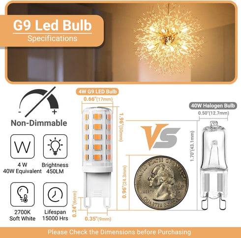 G9 Bulb 4W, 2700K 6 Pack, 40 T4 G9 9 Bulbs 120V 450 360 Non-dimmable TJOY LED Soft Warm White Equivalent Watt Halogen