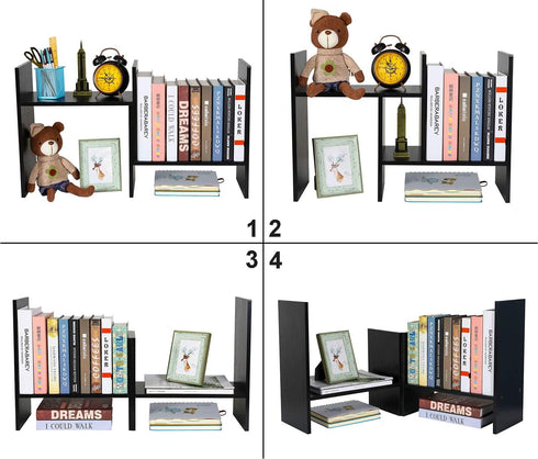 PAG Adjustable Desktop Shelf Wood Small Bookshelf Desk Supplies Organizers and Accessories Storage Display Rack, Black