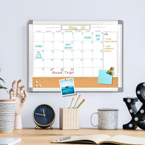 Upgraded Monthly Calendar Dry Erase White Board & Cork Bulletin Board, 13" x 17" Aluminum Frame, Organizing Space