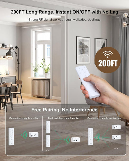 200FT 15A/1875W (5 2 Wireless Remote Control Outlet, Long Range Remote Light Switch, Mini Remote Outlet Plug