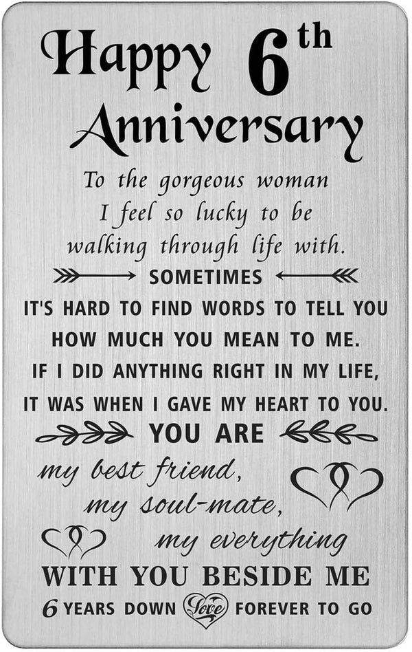TANWIH 6th Anniversary Card for Wife - 6 Year Iron Wedding Anniversary Gifts for Her, Engraved Metal Wallet Card