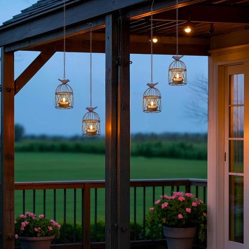 TWINKVILLA Decoration-4Pack Solar Lanterns Outdoor Waterproof, Rust Iron Cage Candle Holder with Flickering Solar