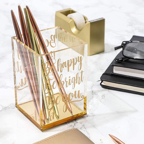 Paper Junkie Gold and Clear Acrylic Pen Holder with Inspirational Quotes, 2.95 x 4.45 In