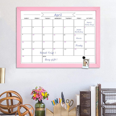 Dry Erase Monthly Calendar Board, Magnetic Whiteboard for Wall, Office/School/Home, Solid Wood Pink Frame Hanging Board
